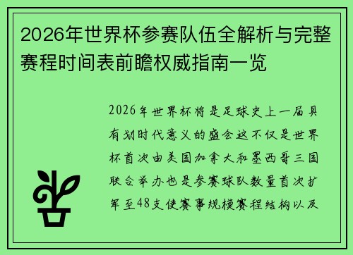 2026年世界杯参赛队伍全解析与完整赛程时间表前瞻权威指南一览 2026年世界杯参赛队伍全解析与完整赛程时间表前瞻权威指南一览