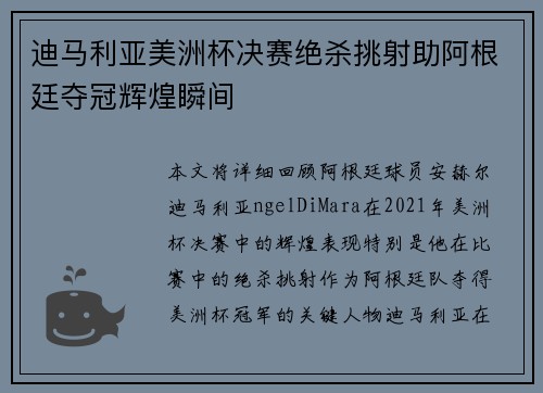 迪马利亚美洲杯决赛绝杀挑射助阿根廷夺冠辉煌瞬间 迪马利亚美洲杯决赛绝杀挑射助阿根廷夺冠辉煌瞬间